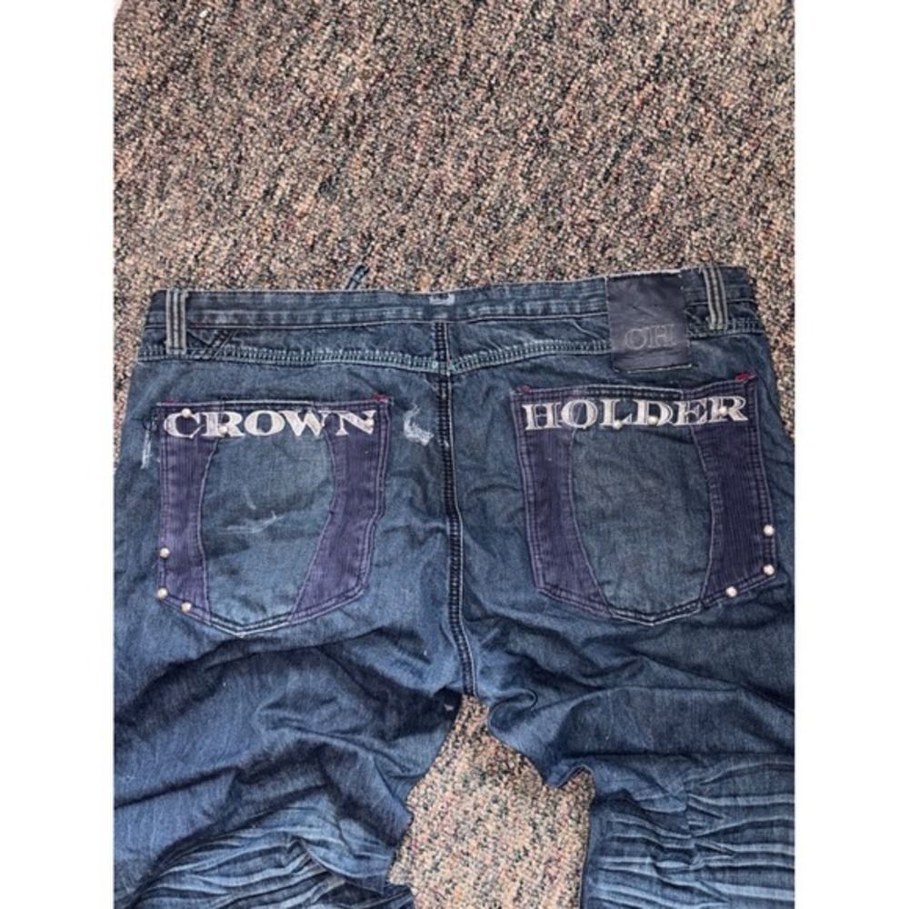 Vintage Crown Holder Mens Baggy Distressed Embroidered Jeans Dark Wash Y2K 44/35 - Picture 4 of 8